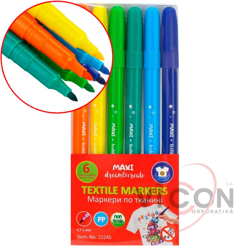 Carioci pentru textil, 6 culori, TEXTIL MAXI