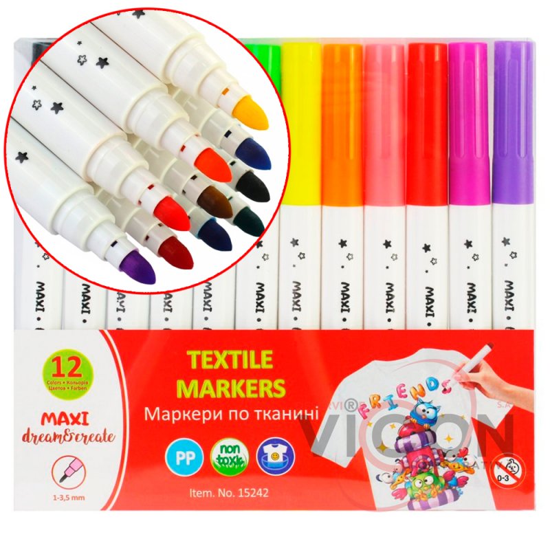 Carioci pentru textil, 12 culori, TEXTIL MAXI