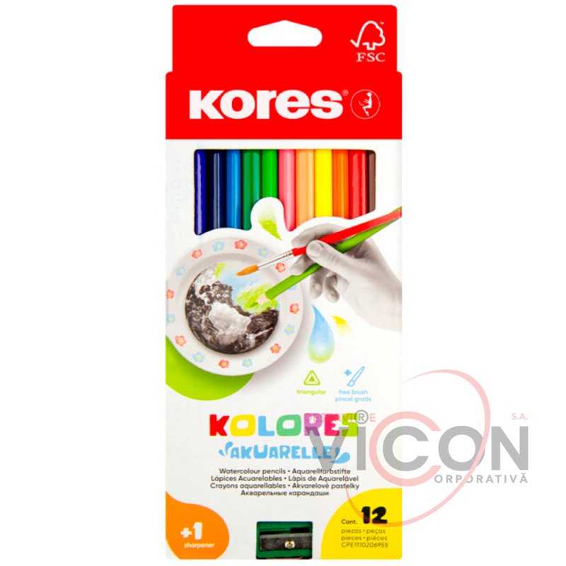 Creioane color Kores 12cul AKUARELLE (triunghi/+ascutitoare)