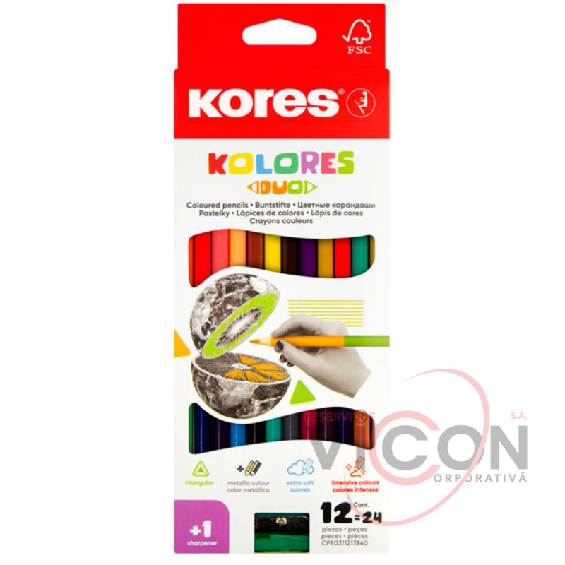 Creioane color Kores 12 culori, DUO (triunghiulare/+ascutitoare)