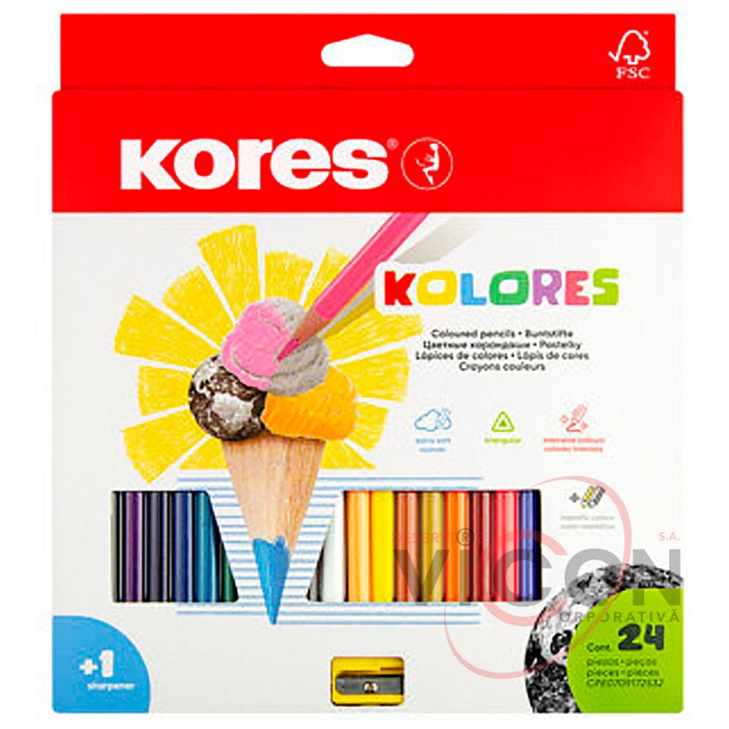Creioane color Kores 24 culori, (triunghiulare/+ascutitoare)