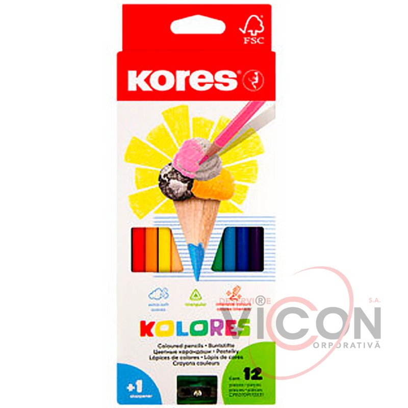 Creioane color Kores 12 culori, (triunghiulare/+ascutitoare)