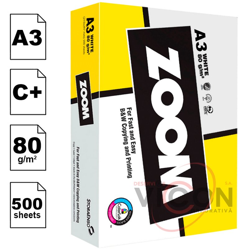 Бумага А3, ZOOM, 500 листов, 80 гр/м2, Класс C+