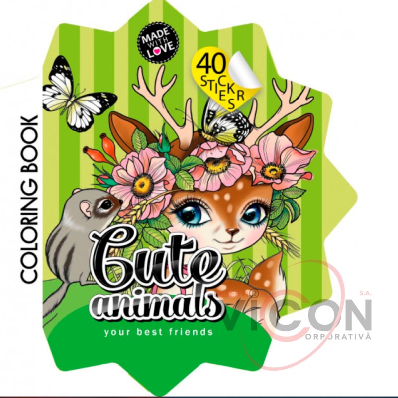 Фигурная раскраска с наклейками, 200х200 мм, 4+2 листа, Cute Animals   