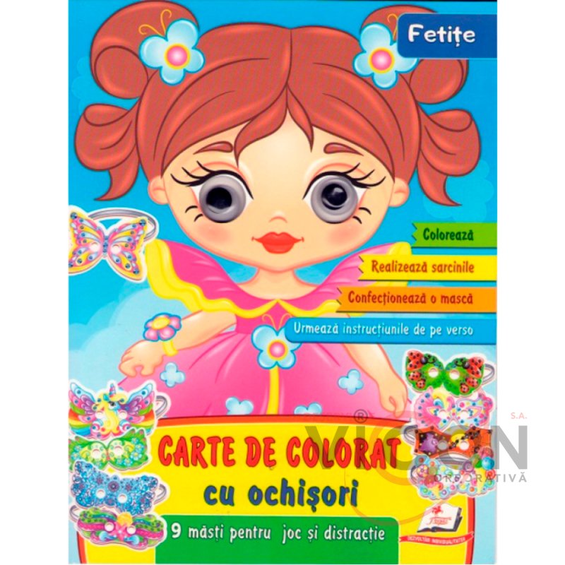 Carte de colorat cu ochisori. Fetite. 9 masti   