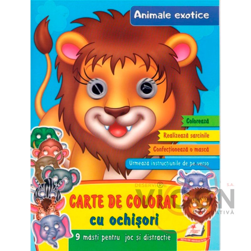 Carte de colorat cu ochisori. Animale exotice. 9 masti  