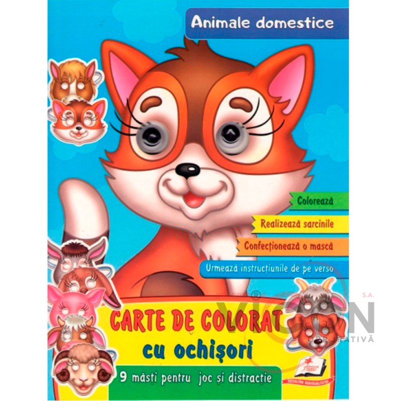 Carte de colorat cu ochisori. Animale domestice. 9 masti  