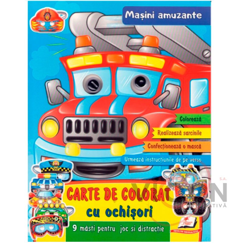 Carte de colorat cu ochisori. Masini amuzante. 9 masti  