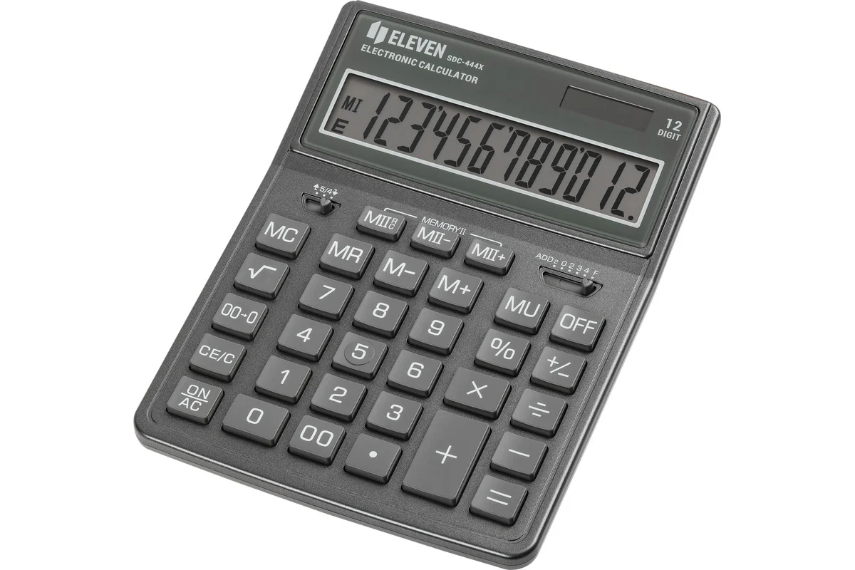 Калькулятор настольный Eleven SDC-444X-GR, 12 разрядов, двойное питание, 155х204х33 мм, cерый