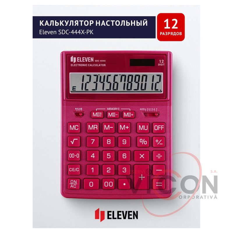 Калькулятор настольный Eleven SDC-444X-PK, 12 разрядов, двойное питание, 155×204×33мм, розовый