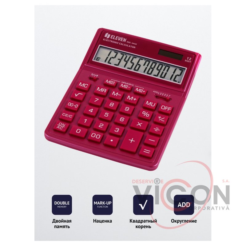 Калькулятор настольный Eleven SDC-444X-PK, 12 разрядов, двойное питание, 155×204×33мм, розовый