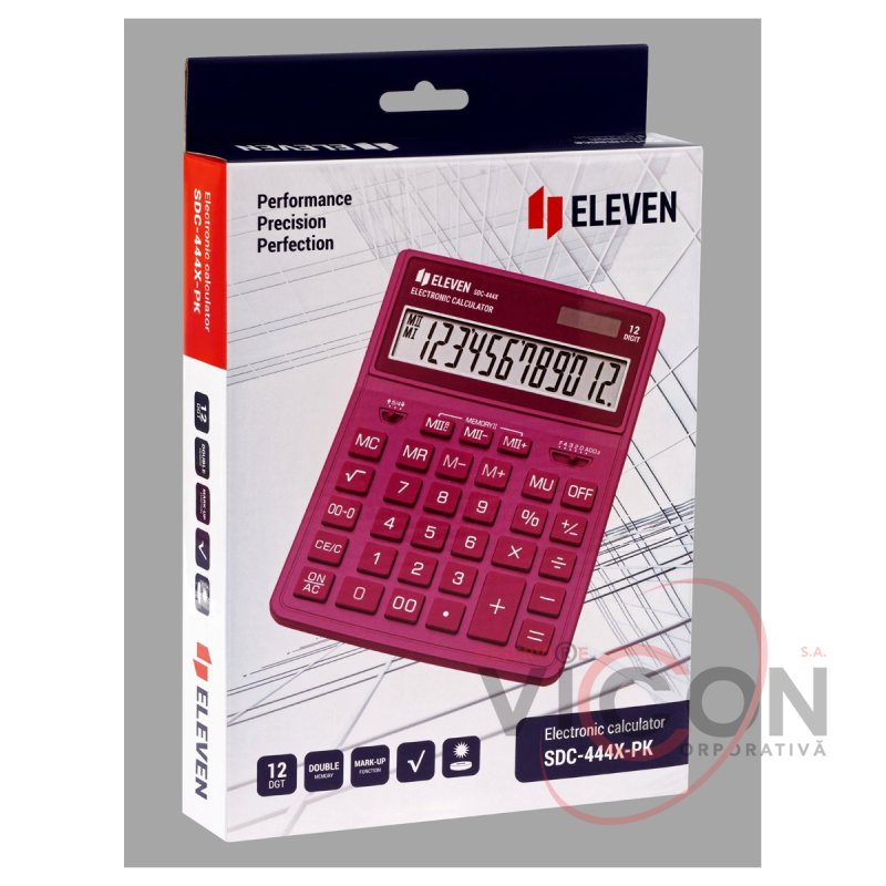 Калькулятор настольный Eleven SDC-444X-PK, 12 разрядов, двойное питание, 155×204×33мм, розовый