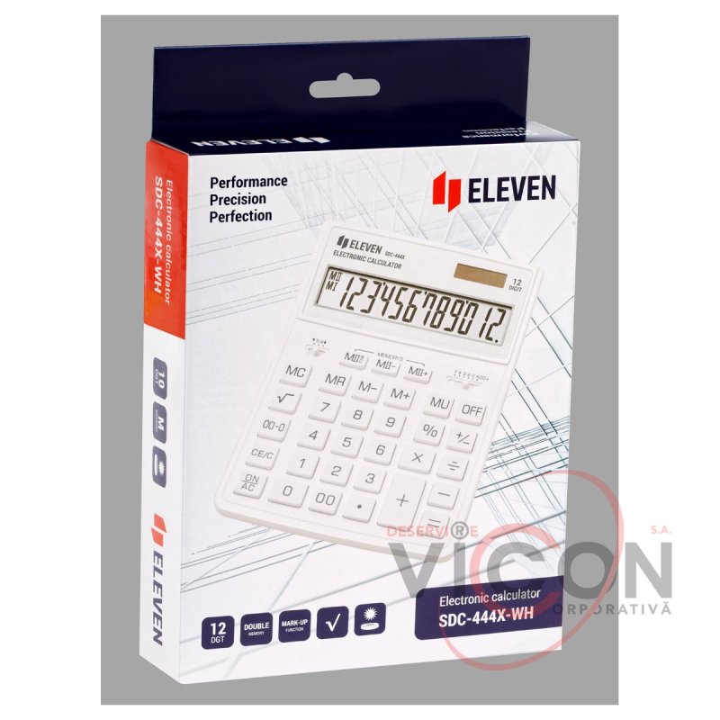 Калькулятор настольный Eleven SDC-444X-WH, 12 разрядов, двойное питание, 155×204×33мм, белый