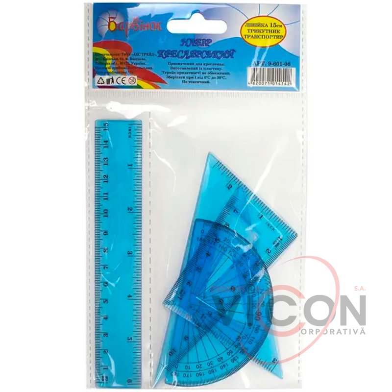 Set: riglă 15 cm, unghi, raportor, Barvinok, plastic albastru