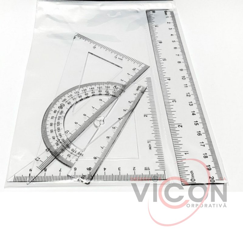 Set: riglă 20 cm, 2 unghiuri, raportor, plastic transparent, REF:180436
