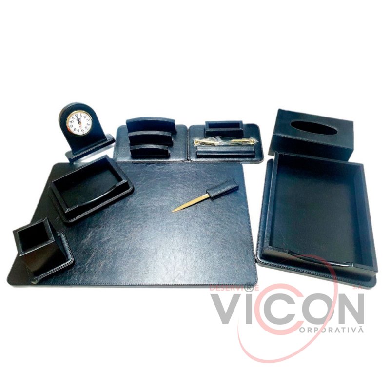 Set de birou Premium, 9 articole, piele eco, negru, PU108-9