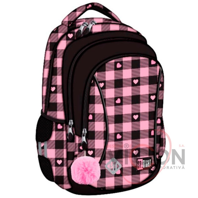 Ghiozdan Prescolari, St.Right, 3 Compartimente, Impermeabil, Pink Checkered BP26, 39x27x17cm