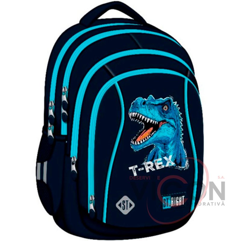 Ghiozdan Prescolari, St.Right, 3 Compartimente, Impermeabil, Blue T-Rex BP26, 39x27x17cm