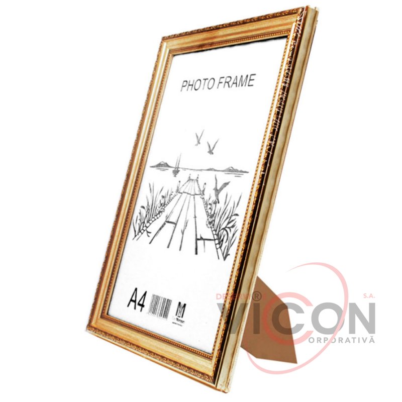 Фоторамка A4, 21*30 см, c ножкой-подставкой, светлое золото с узором