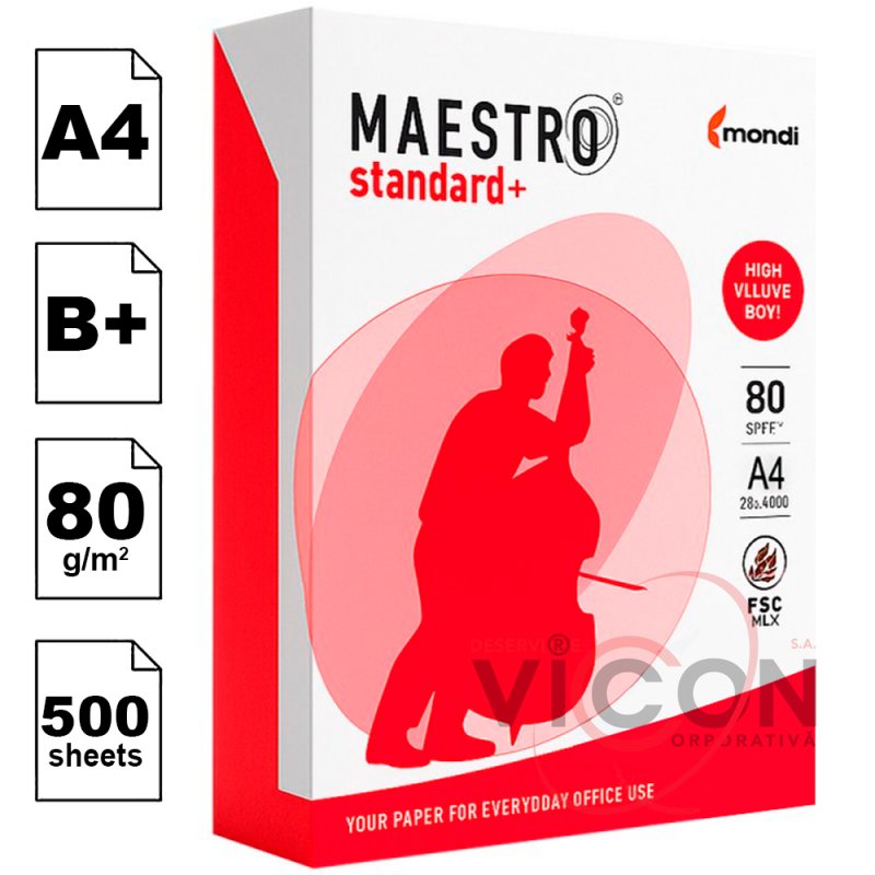 Бумага А4, 500 листов, 80 г/м2, Класс B+, MAESTRO Standard+