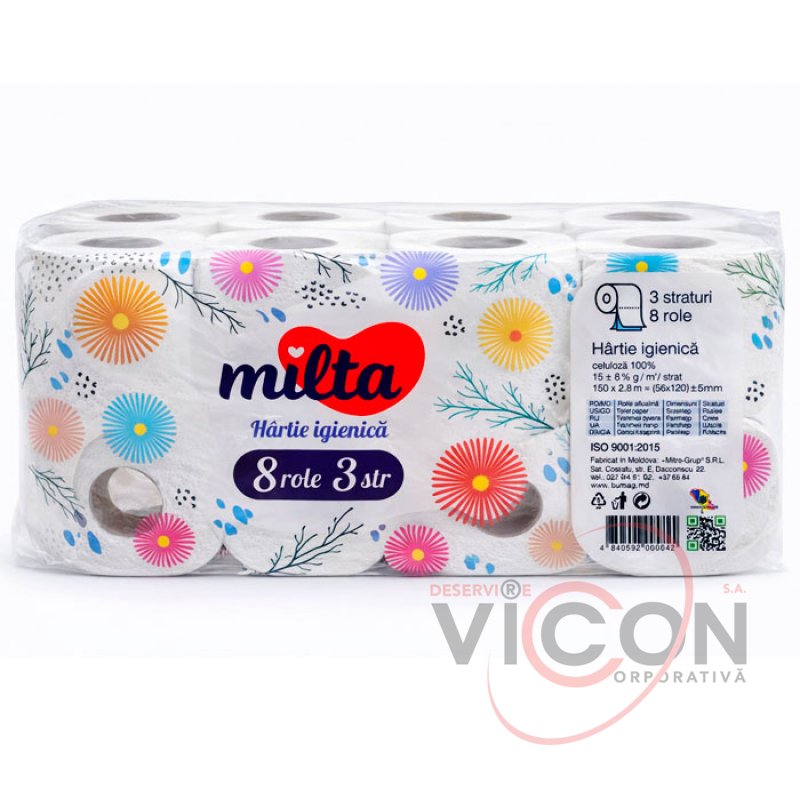 Туалетная бумага MILTA 8 рулонов, 3 слоя