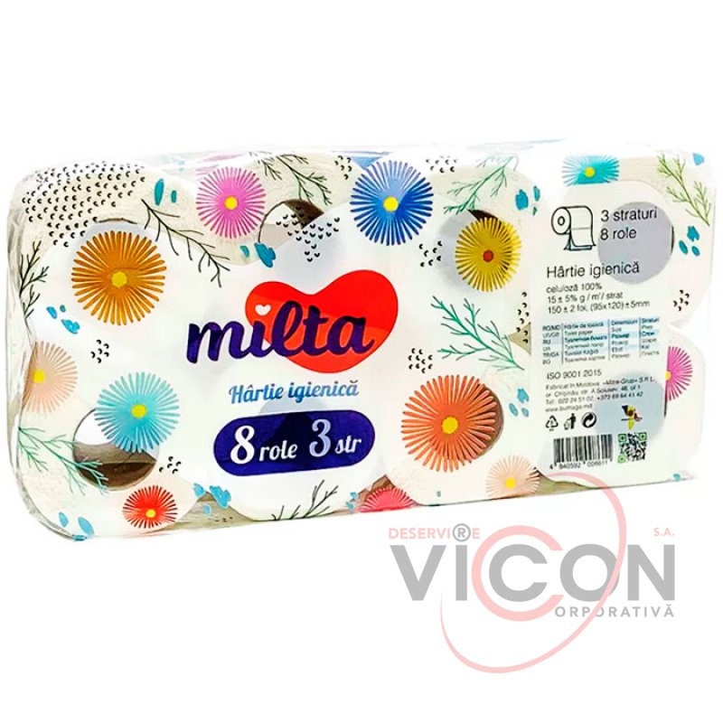 Туалетная бумага MILTA 8 рулонов, 3 слоя
