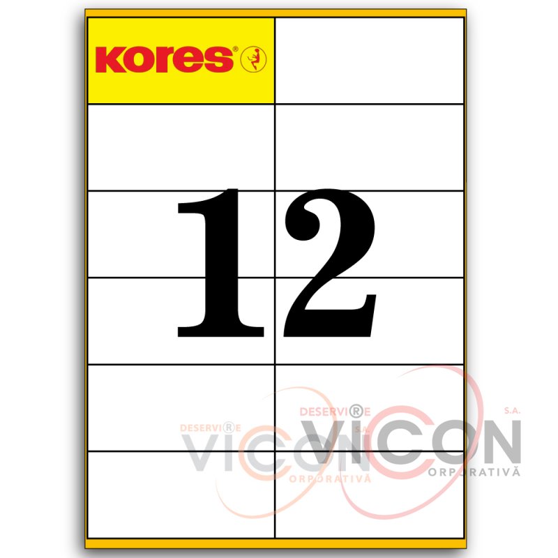 Этикетки самоклеящиеся белые, 12 на листе. Размеры: 105 x 48 mm, KORES