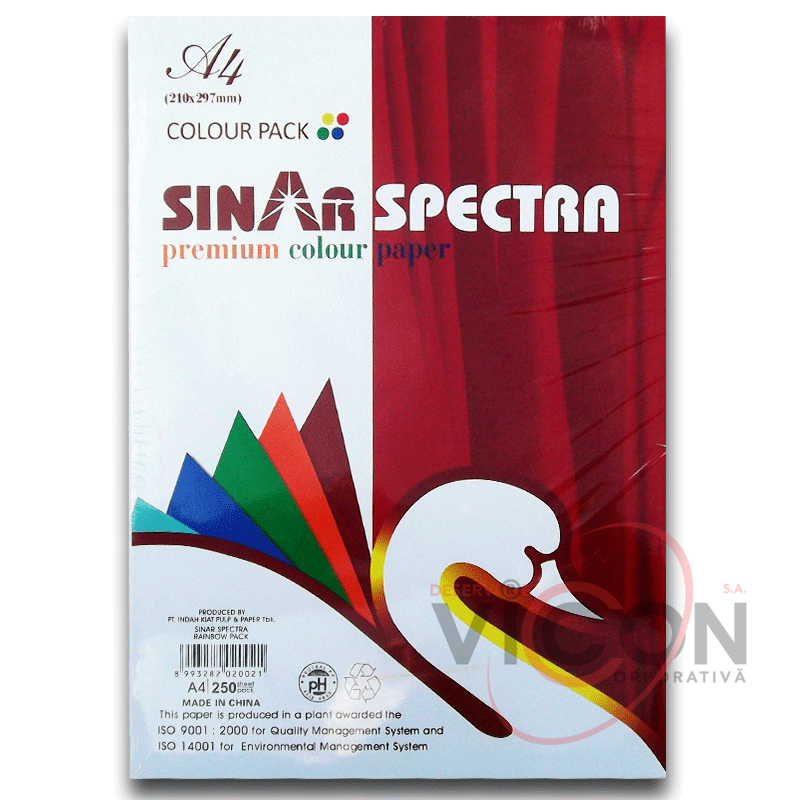 Бумага цветная, А4, 250 листов (ассорти) 10 цветов, SINAR SPECTRA