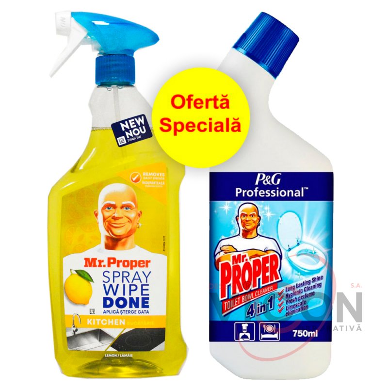 Чистящий спрей  от трудносмываемой грязи и жира, Mr.Proper Wipe Done, 800 мл+ средство для WC Mr. Proper Professional 750 мл