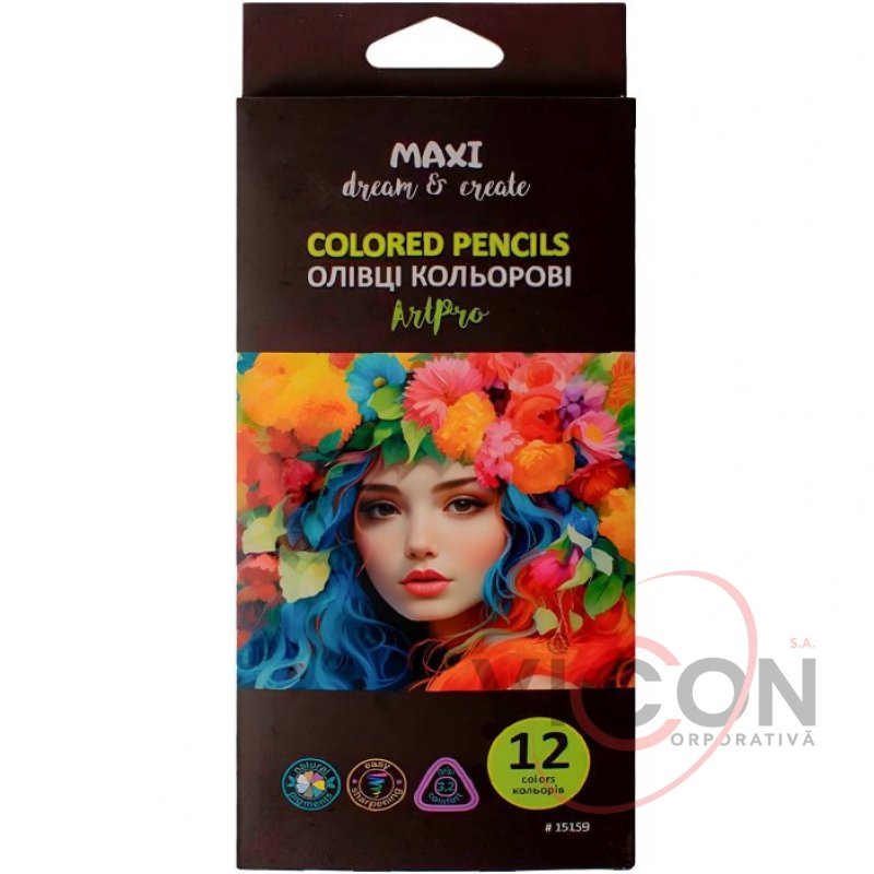Creioane colorate profesionale, 12 culori, triunghiulare, Art Pro MAXI