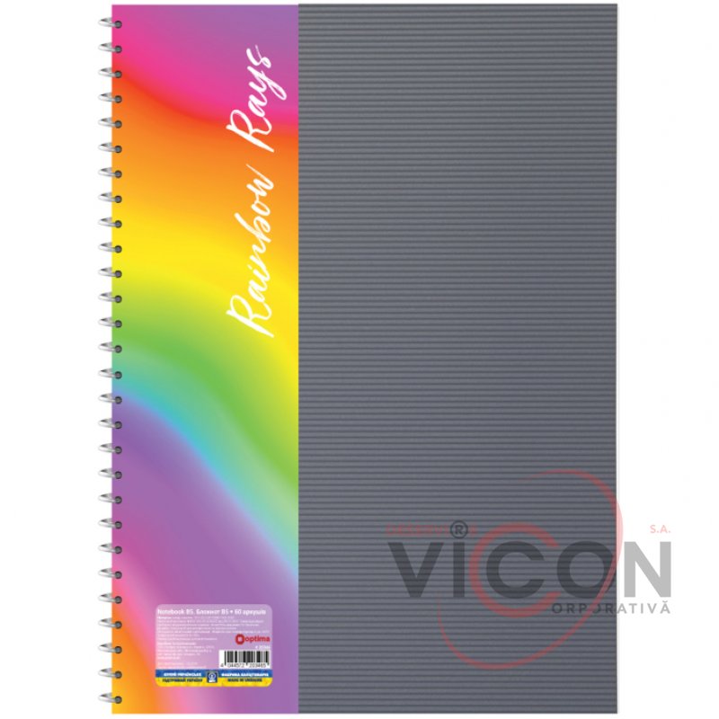Carnet *Curcubeu*, format B5, cu spirală, copertă din plastic, 60 foi, carouri, asortat