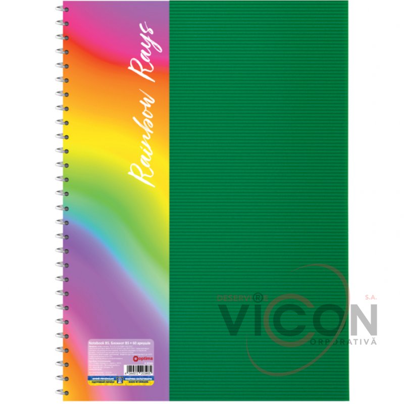 Carnet *Curcubeu*, format B5, cu spirală, copertă din plastic, 60 foi, carouri, asortat