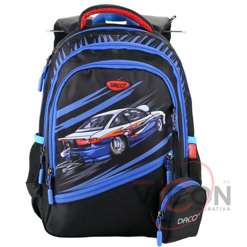 Ghiozdan DACO 38 cm, pentru școlari, albastru/negru, cu 4 compartimente, poliester rezistent GH3518