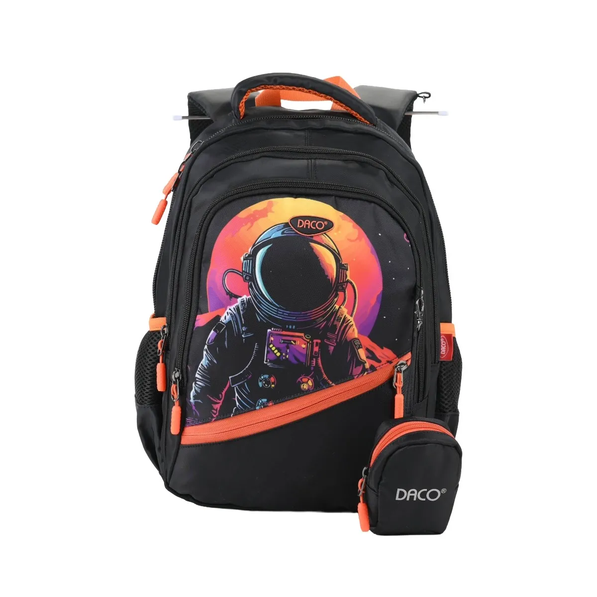 Ghiozdan DACO 38 cm, pentru școlari, negru/portocaliu, cu 4 compartimente, poliester rezistent GH3519