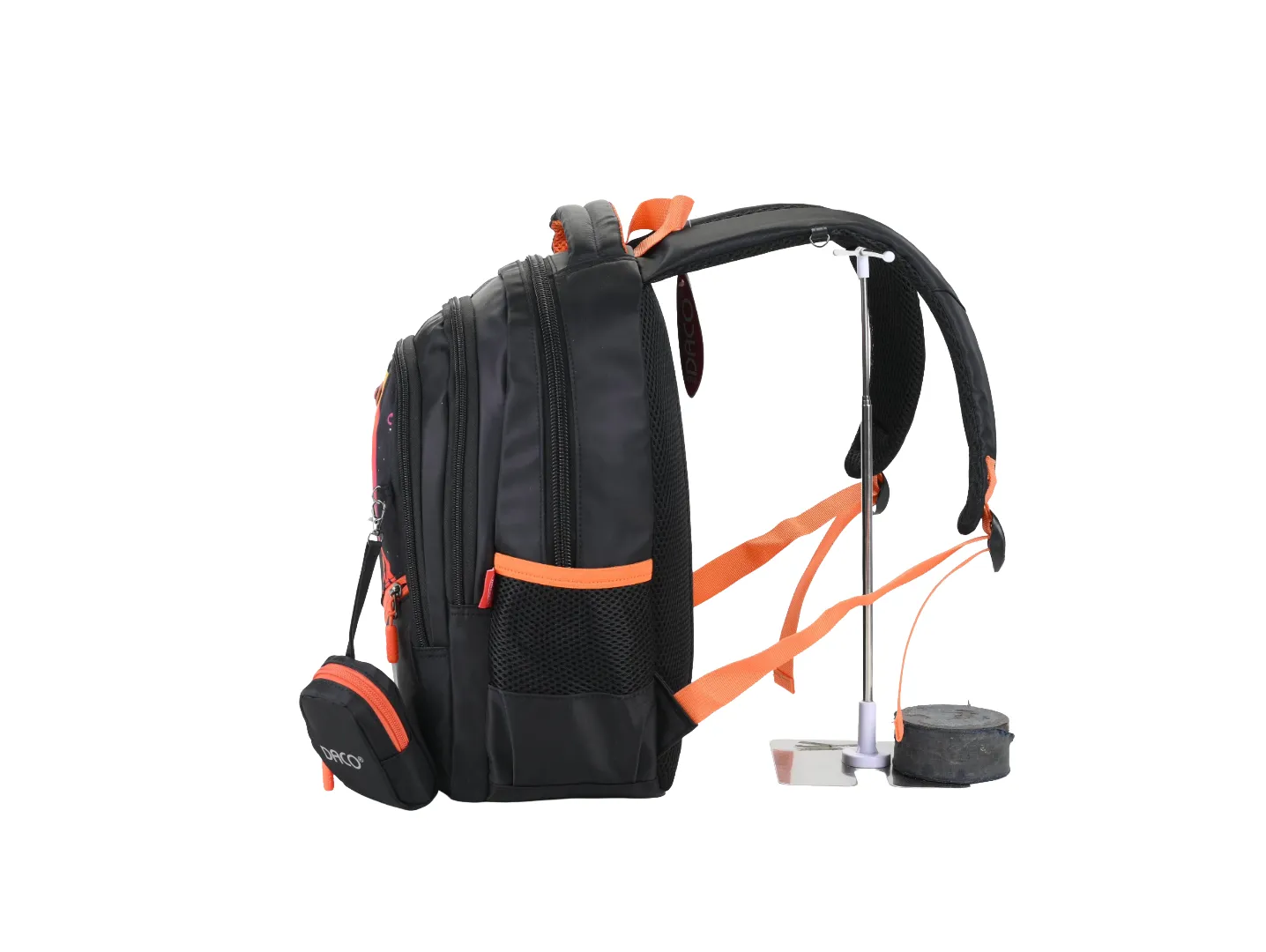 Ghiozdan DACO 38 cm, pentru școlari, negru/portocaliu, cu 4 compartimente, poliester rezistent GH3519