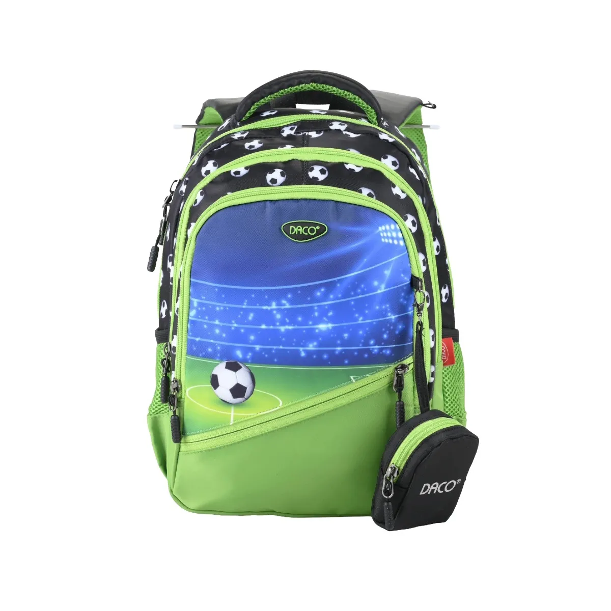 Ghiozdan DACO 38 cm, pentru școlari, negru/verde, cu 4 compartimente, poliester rezistent GH3522