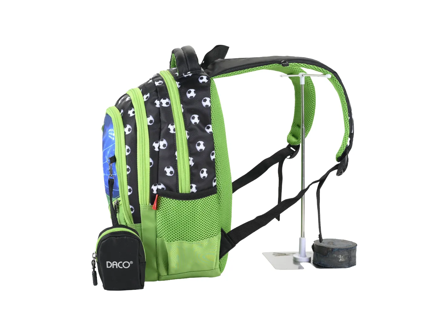 Ghiozdan DACO 38 cm, pentru școlari, negru/verde, cu 4 compartimente, poliester rezistent GH3522