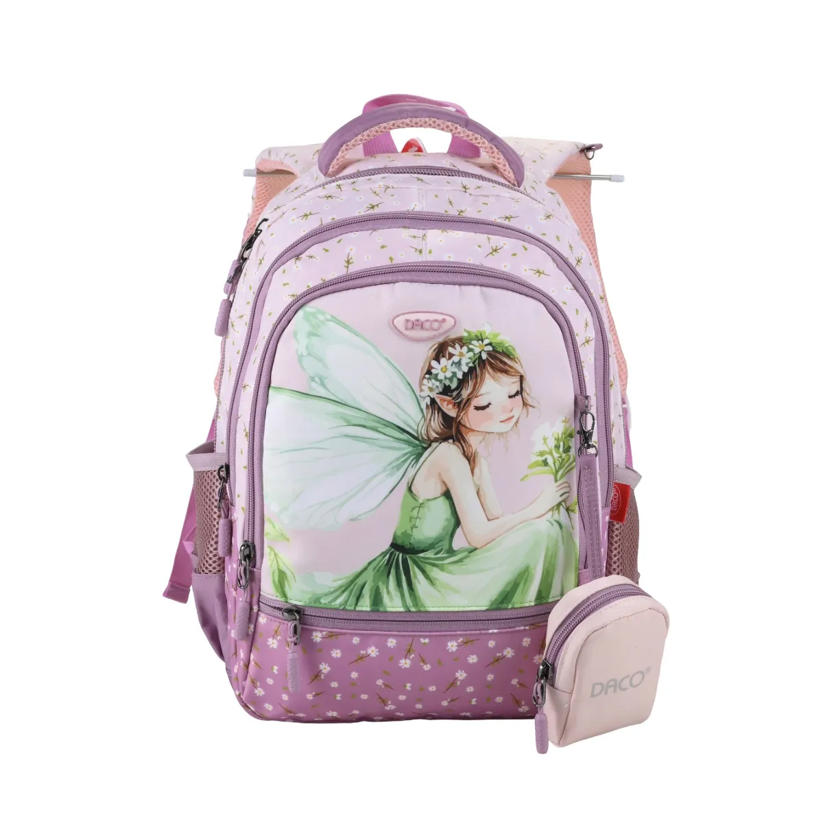 Ghiozdan DACO 38 cm, pentru școlari, roz, cu 4 compartimente, poliester rezistent GH3020