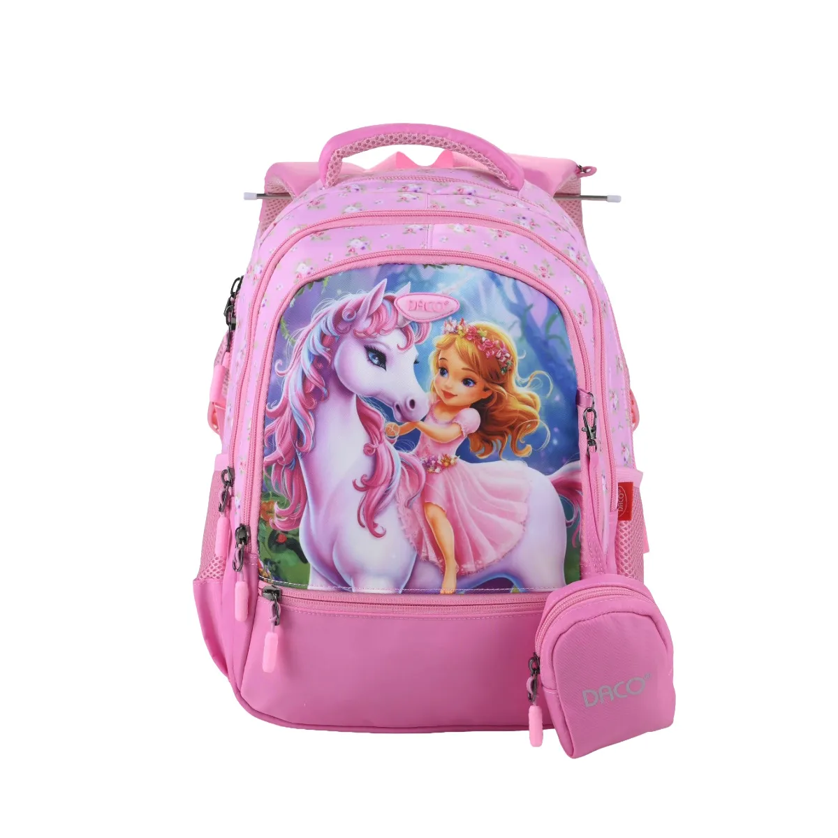 Ghiozdan DACO 38 cm, pentru școlari, roz, cu 4 compartimente, poliester rezistent GH3022