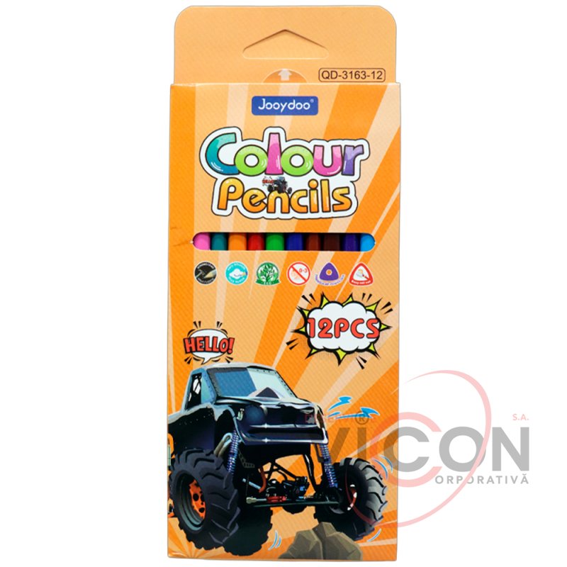 Creioane colorate, 12 culori. JOOYDOO QD-3163 Triunghiulare, din plastic, ascuțite, corp negru, asortate
