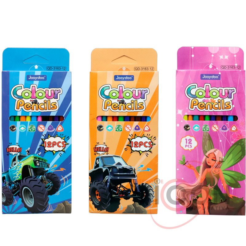 Creioane colorate, 12 culori. JOOYDOO QD-3163 Triunghiulare, din plastic, ascuțite, corp negru, asortate
