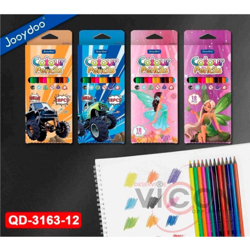 Creioane colorate, 12 culori. JOOYDOO QD-3163 Triunghiulare, din plastic, ascuțite, corp negru, asortate