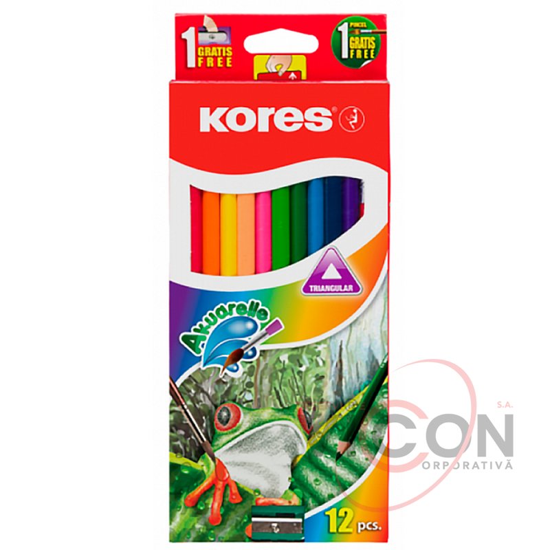 Creioane color Kores 12cul AKUARELLE (triunghi/+ascutitoare)