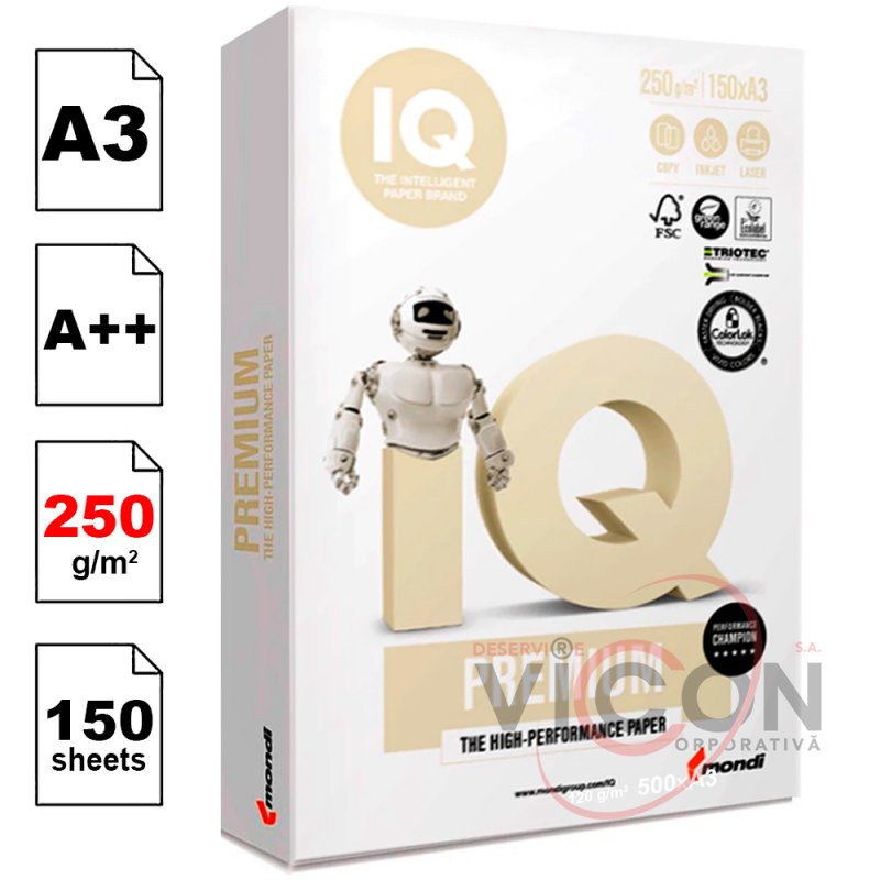 Бумага А3, IQ PREMIUM, 150 листов, 250 гр/м2, Класс A++