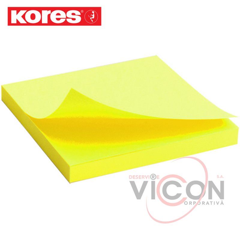 Стикеры для заметок с липким слоем, 75 x 75 mm, 100 желтых литсиков, KORES NEON